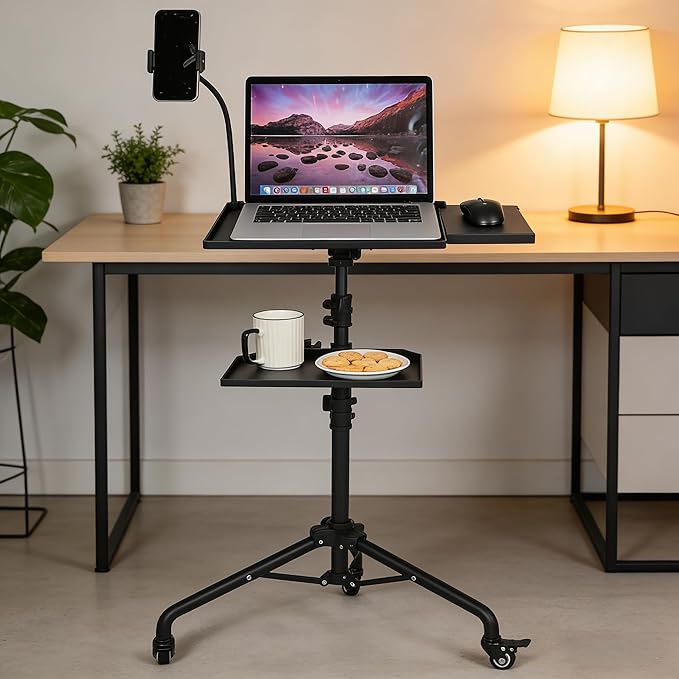 Garvee Projector Tripod Stand with Wheels, Laptop Tripod Projector Stand with 2 Shelves Mouse Tray Phone Holder, Adjustable Height 23 to 49 Inch Tripod, Portable Tripod Stand Office Home
