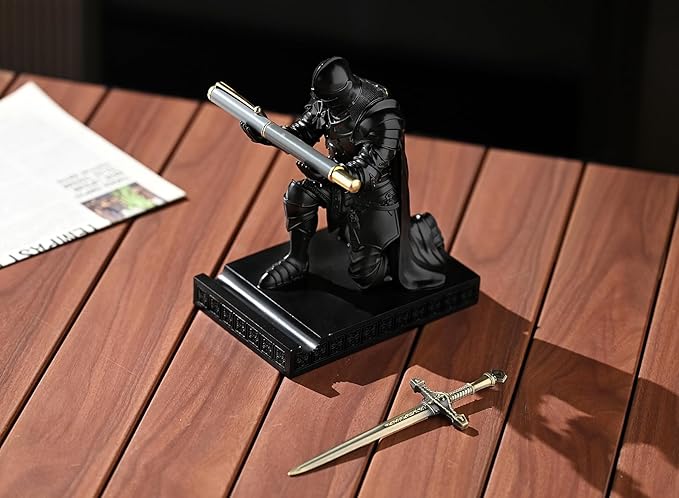Medieval Armored Warrior Wearing Outerwear, Mobile Phone Stand Knight Pen Holder Desk Organizers, Resin Bookends Paperweight with a Letter Opener for Desk (Black)