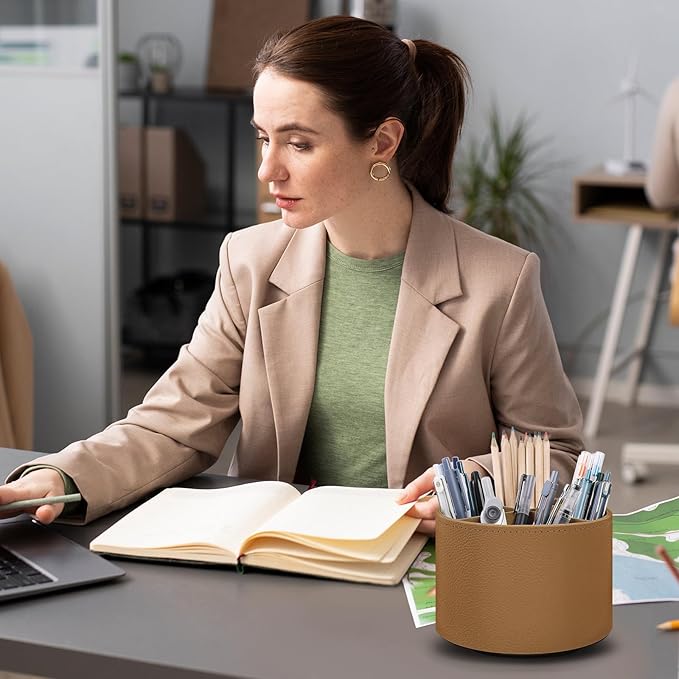 SKYDUE Rotating Pencil Pen Holder, PU Pen Organizer with 4 Slots - Desk Organizer and Accessories for School, Home, Office Supplies