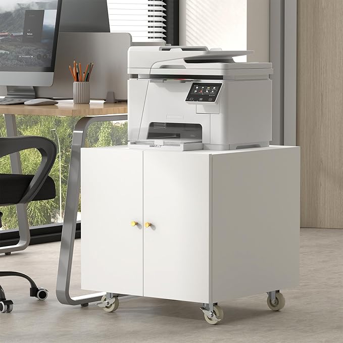 Metal Printer Stand, Rolling Table for Printers, Large 3D Printers Table with Storage, Office Printer Stand for Copier, Fax, Heavy Duty Stands with Shelf for School, Workplace, White