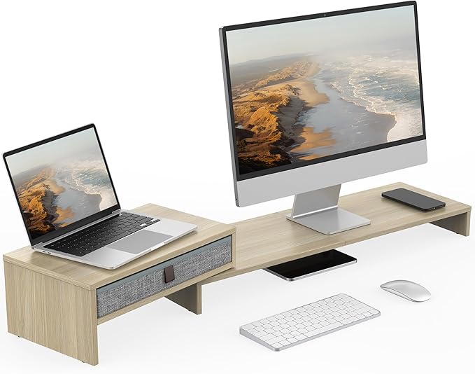 Fenge Computer Monitor Riser Stand with Drawer for 2 or 3 Monitors ,Adjustable Length and Angle Desktop Laptop Stand,Office Organizer,Printer,Oak