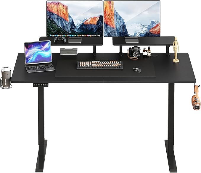 ONBRILL Standing Desk with 2 Adjustable Monitor Shelves, 71 x 24 Inches Electric Stand Up Desk with Memory Controller and Adjustable Height from 28-46 inches for Computer Workstations, Black