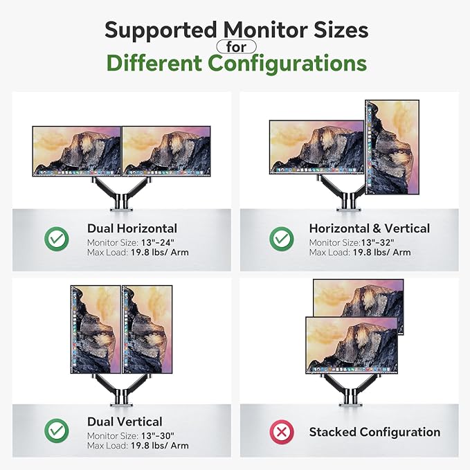 Dual Monitor Arm Desk Mount for 13-32 Inch Computer Screens, Full Adjustable Dual Monitor Stand Supports 4.4-19.8 lbs Computer Desk Mount, 75/100mm VESA Mount with C Clamp, Black