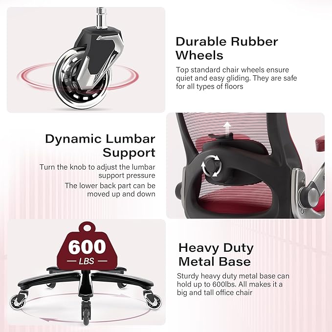 Big and Tall Office Chair 600lbs with 3D Flip Arms, Heavy Duty Large Executive Computer Desk Chair Ergonomic Mesh High Back Plus Size Chair for Adults