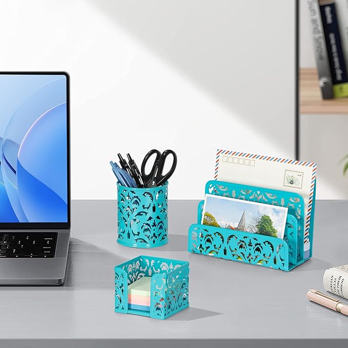 EasyPAG Desk Organizers and Accessories 3 Pieces Office Organizer Set - Pen Holder for Desk, Mail Sorter Countertop and Sticky Note Holder, Dark Teal