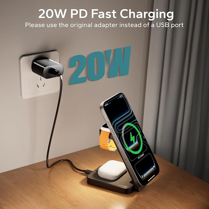 3 in 1 Foldable Wireless Charging Station for MagSafe, Nightstand Magnetic Charger Stand for iPhone 17 16 15 14 Pro Max, Travel Charging Dock with Night Light for Apple Watch/AirPods (Black)