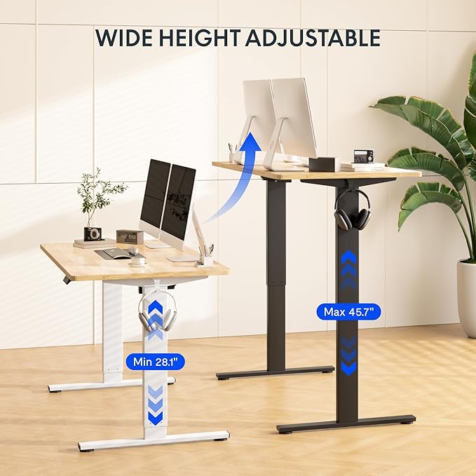 FLEXISPOT EN1 One-Piece Solid Wooden Standing Desk 48 x 24 Inches Height Adjustable Electric Sit Stand Home Office Desks (White Frame + Rubber Wood Top, 2 Packages)