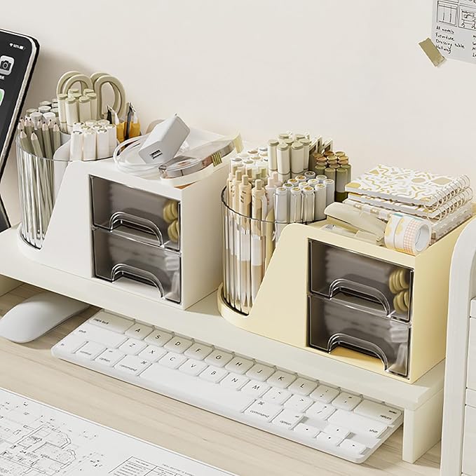Desk Organizer with Rotating Pencil Pen Holder and 2 Small Drawers, Desk Caddy for Office Workspace Organization and Storage (Beige)