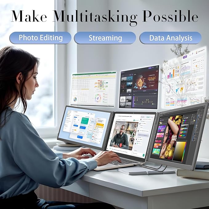 Teamgee 15.6” Laptop Screen Extender with Power Bank, FHD 1080P IPS Triple Monitor, HDMI/USB/Hub Plug-Play Display, Fits 13-17" Laptops (Mac/Windows/Android), Ideal for Home Office/Small Business