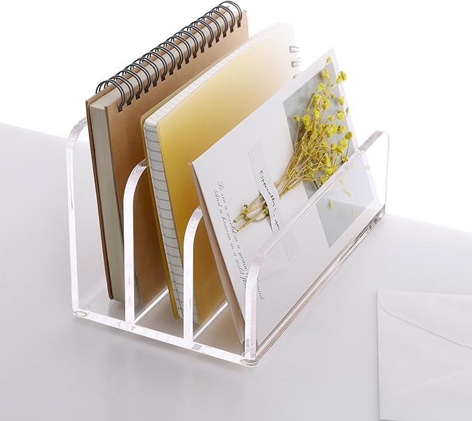 SANRUI Acrylic Mail File Organizer Sorters for Desk, 3 Upright Compartments Laddered Clear Desktop Vertical Letter Holder, Multifunction Envelope Folder Racks Holders for Office,Home, School