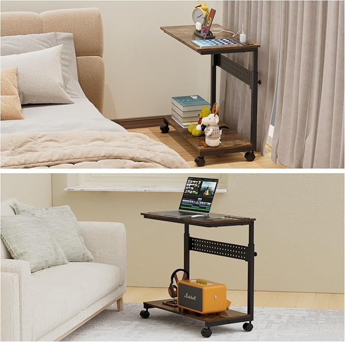 Computer Tower Stand with Charging Station, Height Adjustable 2-Tier CPU Stand with Power Strip and USB Ports, PC Tower Cart with Wheels and Printer Shelf, Rustic Brown and Black