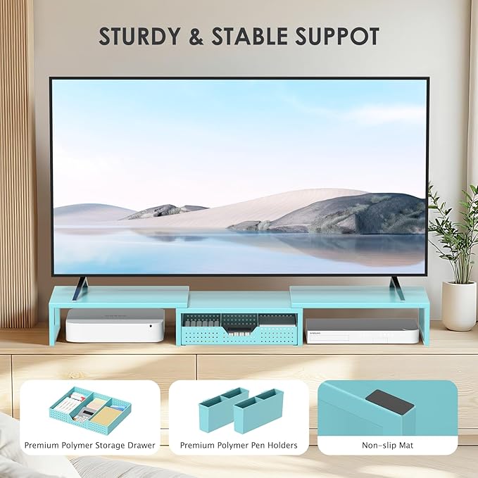 OPNICE Desk Organizers and Accessories, Dual Monitor Stand Riser with Drawer and 2 Pen Holders, Desk Shelf Metal Computer Monitor Stand for Office Workspace Organizers, Desktop Organization (Blue)