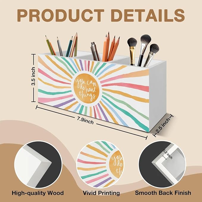 Boho Colorful Sunshine Pen Pencil Holder Organizer for Desk Accessories, Boho Classroom Decor, You Can Do Hand Things Inspirational Wooden Box Signs Decorations for Kids Room Desk Tabletop