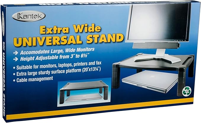 Kantek Extra Wide Single Level Height-Adjustable Monitor/Laptop Stand, 20-Inch Wide x 13.25-Inch Deep x 3 to 6.5-Inch High, Black (MS500)
