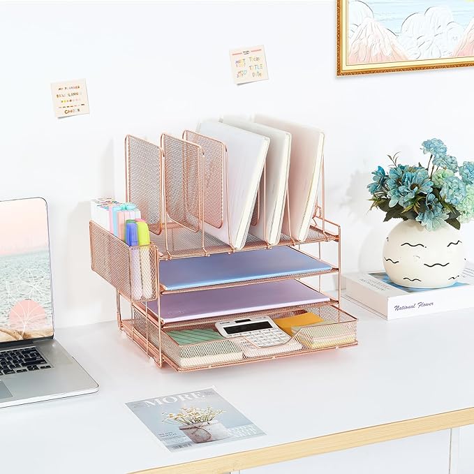 Desk Organizers and Accessories, 3-Tier Paper Organizer with 5 Vertical File Holders, File Organizer for Desk (Rose Gold With Drawer, 3T With Drawer)