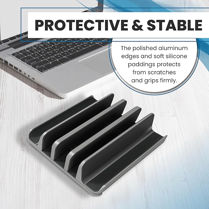 Elestoria 5- Slot Vertical Laptop Stand - Aluminum Laptop Stand Vertical for Desk - Fits MacBook Pro/Air, Surface, Mobiles & Gaming Laptops up to 17.3" - Heavy Duty Laptop Holder for Desk - (Black)