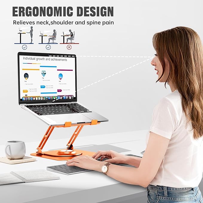 Laptop Stand for Desk, Adjustable Computer Stand with 360° Rotating Base, Ergonomic Laptop Riser for Collaborative Work, Foldable & Portable Laptop Stand, fits for All 10-16" Laptops (Orange)