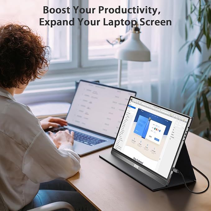 QQH Portable Monitor, 15.6 Inch FHD 1080P USB C HDMI Alloy Travel Screen for Laptop with w/Smart Cover & Built-in Speaker, Plug&Play Ultra Slim Portable Second Monitor for Laptop PC Phone Mac