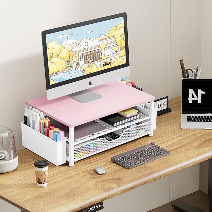 OPNICE Desk Organizers and Accessories, 2-Tier Computer Monitor Stand Riser with Drawer and 2 Pen Holders, Laptop Stand, Office Desk Accessories for Office Supplies, Pink Wood