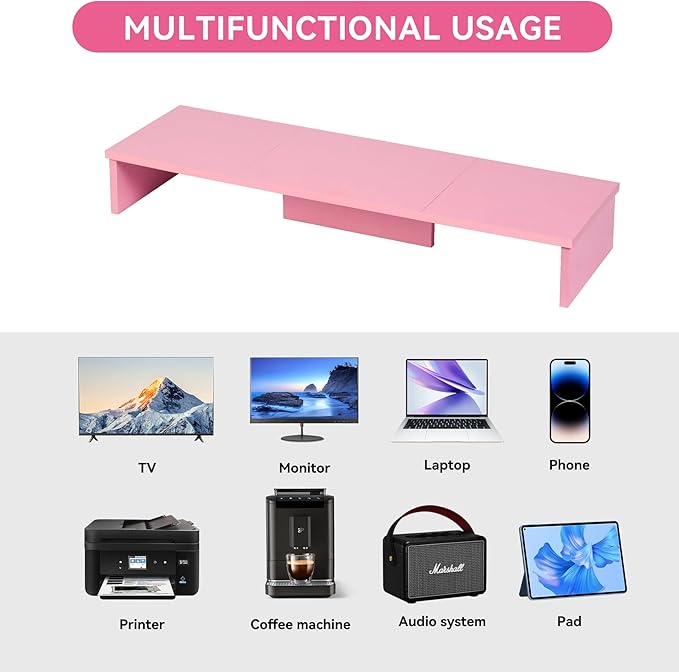 Dual Monitor Stand Riser, Large Computer Monitor Stand for Desk, Monitor Riser for 2 Monitors, Wood Desk Shelf for Top of Desk, Desktop Organizer for Computer, Laptop, Printer, TV, Pink