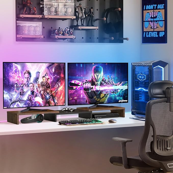 TAVR Dual Monitor Stand Riser, Computer Monitor Stands for 2 Monitors, Extra Long Multifunctional Desktop Organizer Riser for Computer, Laptop, PC, Printer, TV, Max 43.3" Length, Rustic Brown