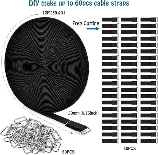 0.75" x39.4ft Hook and Loop Straps with 60 Buckles Adjustable Cut-to-Length Cable Ties - Reusable Nylon Fastening Tape Cable Straps for Storage or Organization (0.75in x 39.4ft)