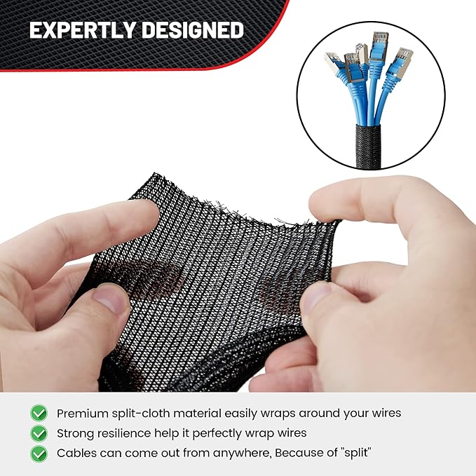 RED WOLF 10 Feet - 1 Inch Braided Wire Cable Sleeve Split Wiring Loom Tube Flexible Self-Wrap for Automotive Computer Cable Cord Management Cover Protector, Anti-Scratch High-Temperature Black Loom