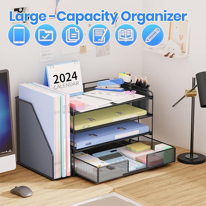 OPNICE Desk Organizer, 4-Tier Desktop File Organizer with Drawer and 2 Pen Holders, Office Desk Accessories, File Sorters, Workspace Organizers for Office Supplies(Black)