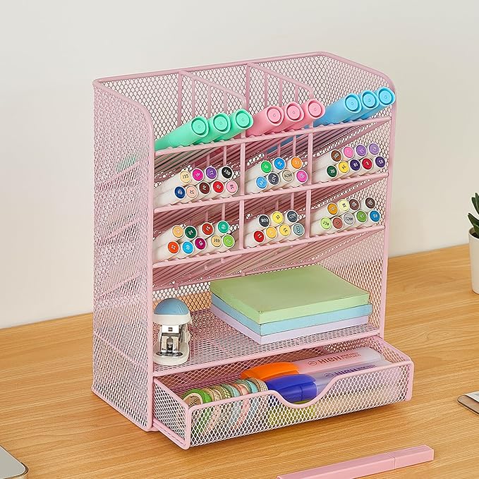 Spacrea Pen Holder Desk Organizer - Desk Organizers and Accessories, Pencil Holder with 10 Compartments and 1 Drawer(Pink)