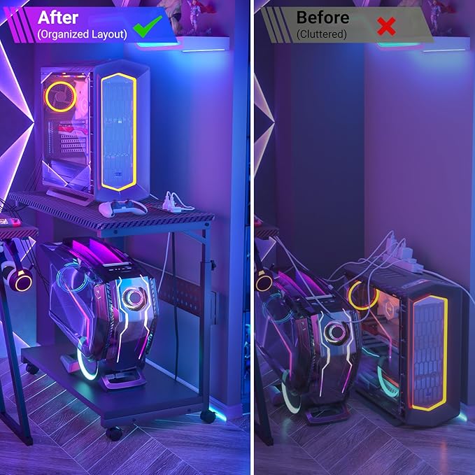 32" Large Computer Tower Stand with Power Strips, 4 Levels Manual Height Adjustable PC Tower Stand for Under Desk, Mobile Rolling CPU Holder Computer Cart with Wheels, Carbon Fiber Black