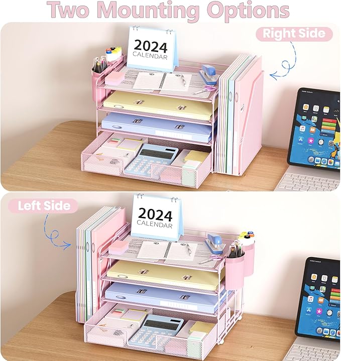 OPNICE Desk Organizer, 4-Tier Desktop File Organizer with Drawer and 2 Pen Holders, Office Desk Accessories, File Sorters, Workspace Organizers for Office Supplies(Pink)