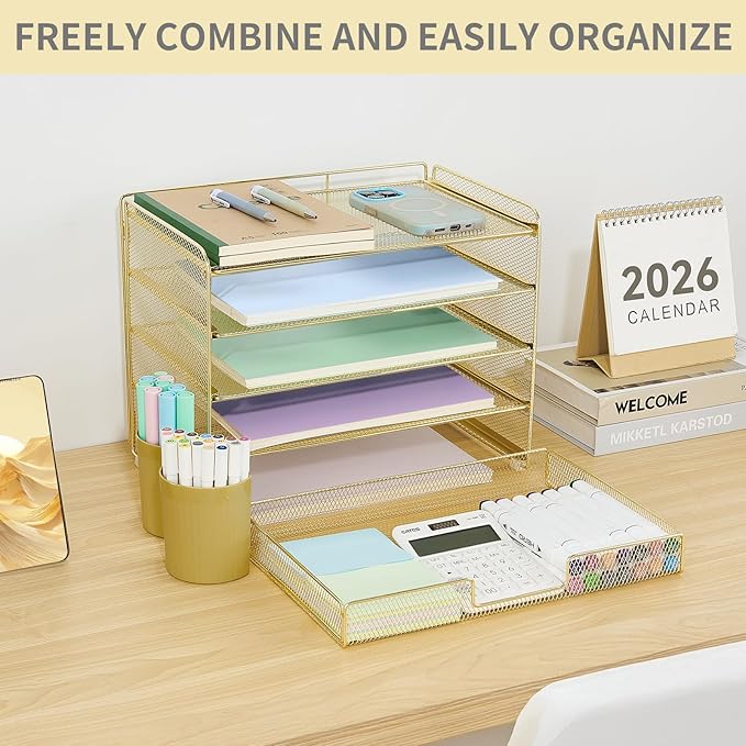 Desk Organizer and Accessories, 5-Tier Paper Letter Tray Organizer with Drawer & 2 Pen Holders for Desktop File Organization, Office Desk Accessories for Supplies Storage (Gold)