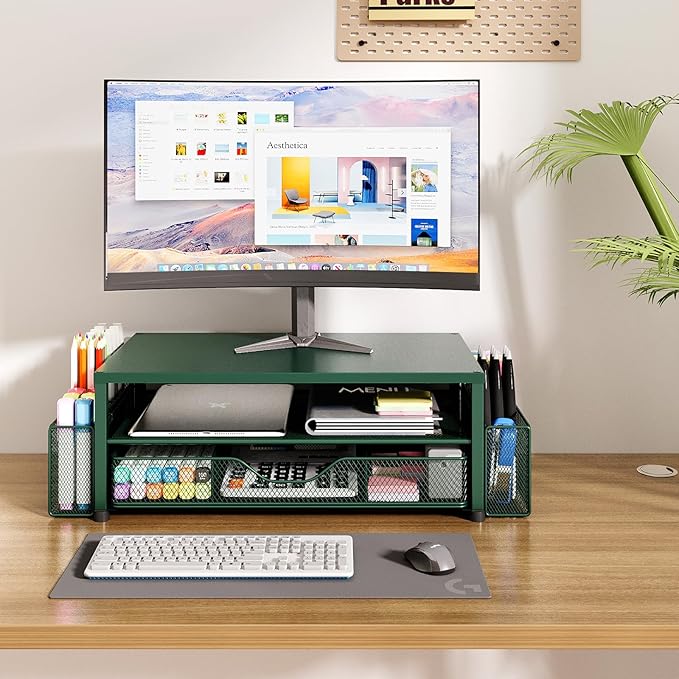 OPNICE Desk Organizers and Accessories, 2-Tier Computer Monitor Stand Riser with Drawer and 2 Pen Holders, Laptop Stand, Office Desk Accessories for Office Supplies, Dark Green