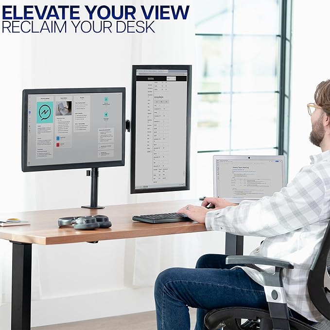 VIVO Dual Monitor Desk Mount, Heavy Duty Fully Adjustable Steel Stand, Holds 2 Computer Screens up to 24 inches and Max 22lbs Each, Black, STAND-V024