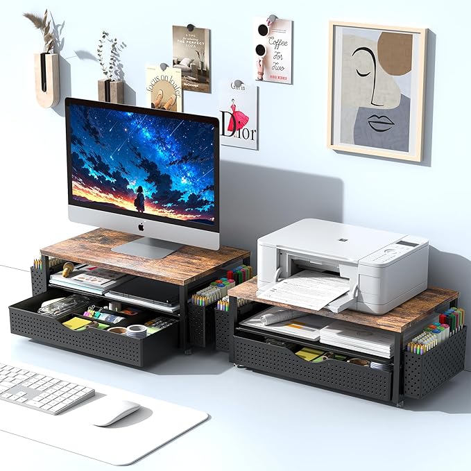 Spacrea Desk Organizer and Accessories, Computer Monitor Stand Riser with Drawer and 2 Pen Holders, Office Desk Accessories & Workspace Organizers for Office Supplies (Wood)