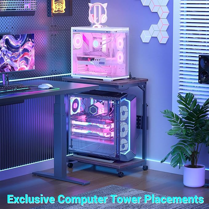 Computer Tower Stand with Power Strips, 4 Levels Manual Height Adjustable PC Tower Stand for Under Desk, Mobile Rolling CPU Holder, Computer Cart with Wheels, 24", Black Walnut