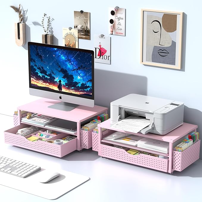 Spacrea Desk Organizer and Accessories, Computer Monitor Stand Riser with Drawer and 2 Pen Holders, Office Desk Accessories & Workspace Organizers for Office Supplies (Pink)