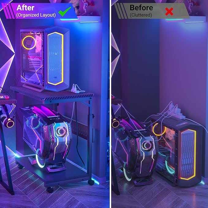 Computer Tower Stand with Power Strips, 4 Levels Manual Height Adjustable PC Tower Stand for Under Desk, Mobile Rolling CPU Holder, Computer Cart with Wheels, 24", Carbon Fiber Black