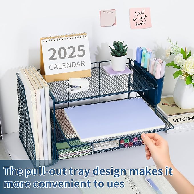 OPNICE Desk Organizer, 4-Tier Desktop File Organizer with Drawer and 2 Pen Holders, Office Desk Accessories, File Sorters, Workspace Organizers for Office Supplies(Dark Blue)