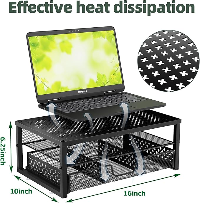 Simple Trending 2 Pack 2 Tier Metal Monitor Riser Stand and Computer Desk Organizer with Drawer, Black