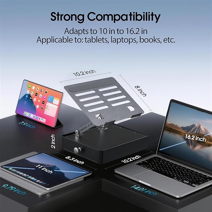 Laptop Stand with Storage Drawer, Heavy-Duty Metal Laptop Riser for Desk, Ergonomic Height & Angle Adjustment for 10–16.2″ Laptops, Gray