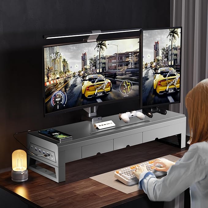 Computer monitor stand with three drawer ,22W charging , 2 USB 3.0 , and 1 USB 2.0 ,Laptop Desk Shelf & Monitor Riser 27.55 inches long desk riser Monitors/PC/Laptop/Computer Space Saver Organizer ,Heavy Duty Gift Gaming Studio Office(USB Hub Fast Char...