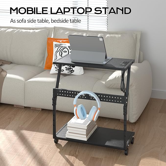 24In Large PC Stand, 5 Levels Height Adjustable Computer Tower Stand with Charging Station, Wheels and Hooks, CPU Holder Cart for Floor, Carpet and Under Desk, Easy Assembly(with Power Strips)