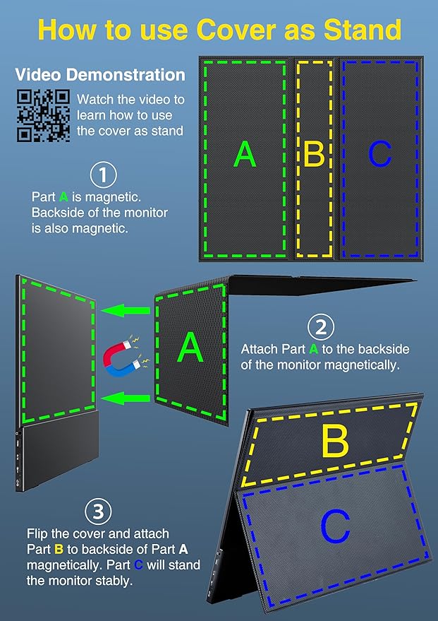 cocopar Portable Monitor 15.6 Inch 1080P FHD 60Hz 85% sRGB Travel Monitor with Speaker HDMI USB-C Second Screen for Laptop MacBook Surface PC Xbox PS4/5, VESA Mountable, with Cover Stand