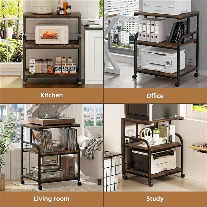 Lerliuo Large Printer Stand with Storage, 23.6"W x 18.9"D x 30.2"H, 5-Adjustable Shelf Heights Mobile 3 Tier Table with Lockable Wheels, Industrial Rolling Printer Cart, Brown Stands for Home Office