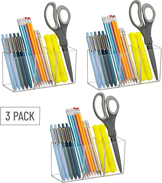 Mind Reader Pen and Accessories Holder, Desktop Organizer, Makeup Organizer, Office, Acrylic, 7"L x 2.5"W x 3.5"H, Set of 3, Clear
