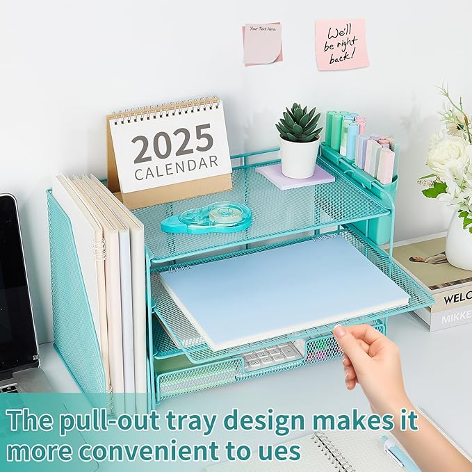 OPNICE Desk Organizer, 4-Tier Desktop File Organizer with Drawer and 2 Pen Holders, Office Desk Accessories, File Sorters, Workspace Organizers for Office Supplies(Teal Blue)