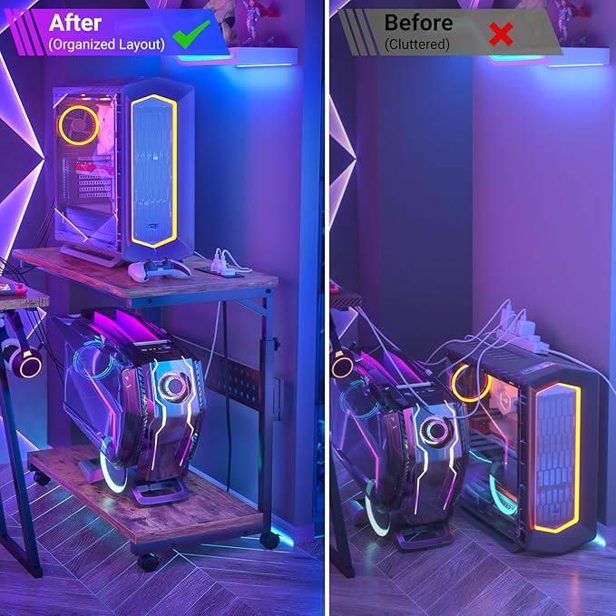 Computer Tower Stand with Power Strips, 4 Levels Manual Height Adjustable PC Tower Stand for Under Desk, Mobile Rolling CPU Holder, Computer Cart with Wheels, 24", Rustic Brown