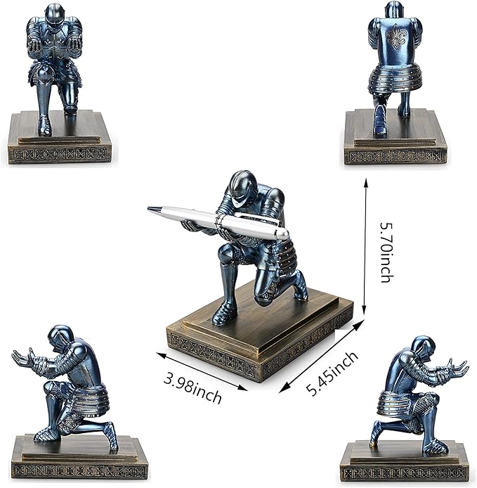 Knight Pen Holder Pen Stand Desk Organizers and Accessories Resin Pencil Holder as Gift with a Fancy Pen for Office and Home Desk Organizer (Blue)