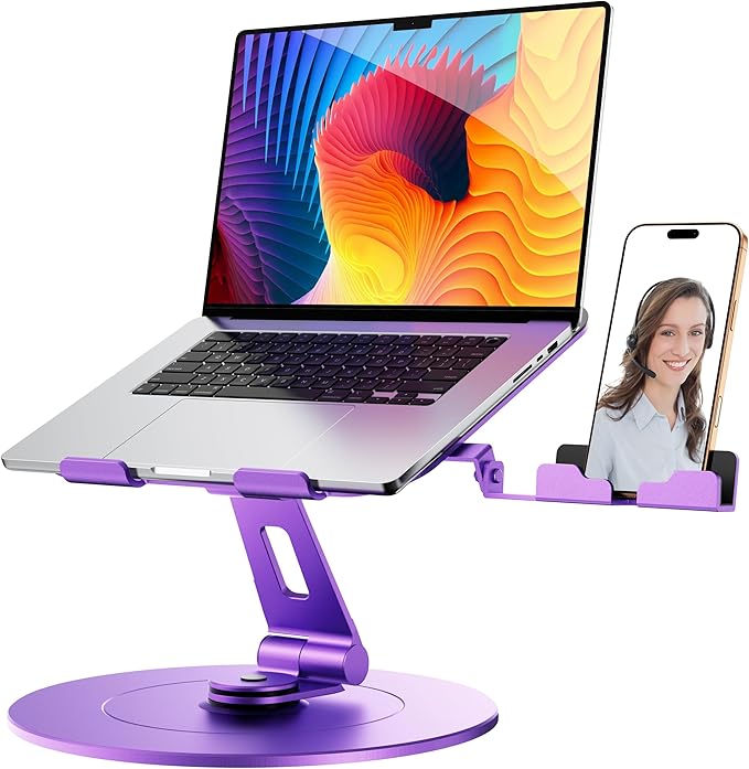 Laptop Stand with Phone Holder, Adjustable Laptop Stand with Base, Aluminum Computer Mount Holder, Ergonomics Laptop Riser for Desk, Fits MacBook, up to 17.3" All Notebooks Purple